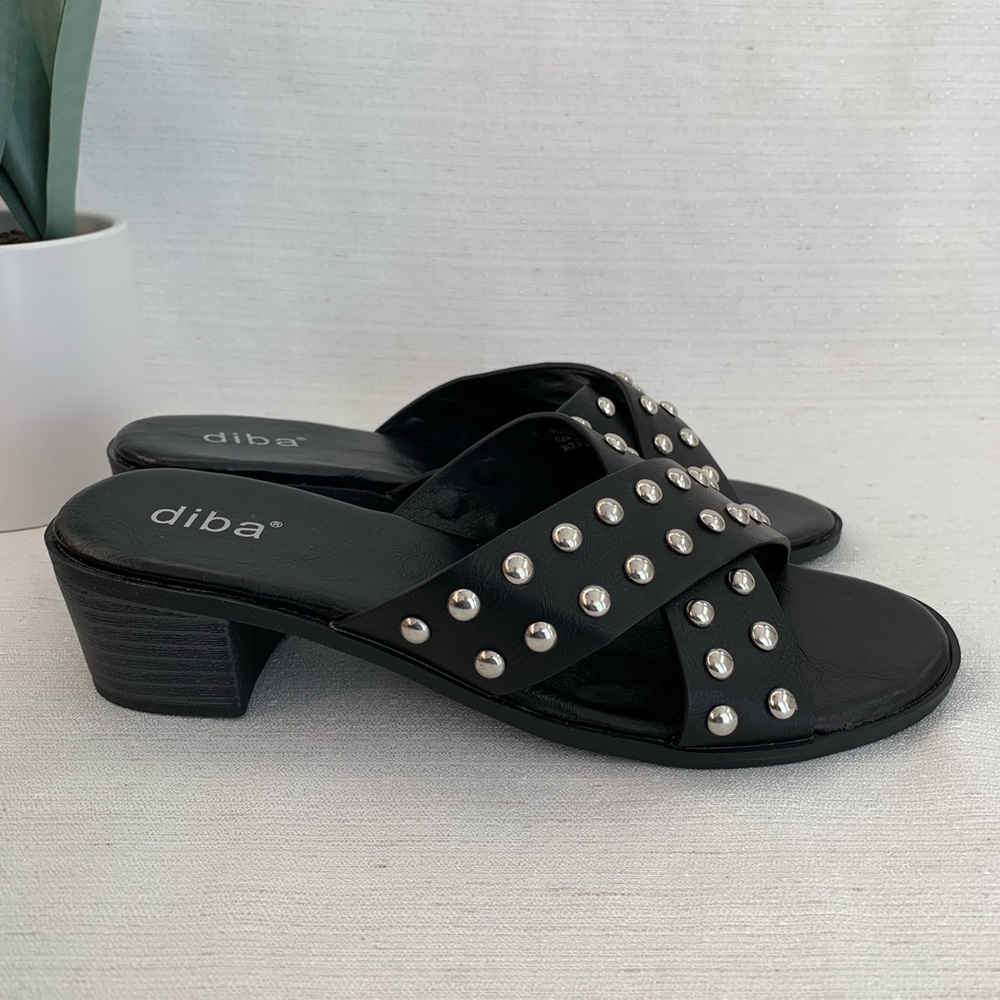 New Diba Black Faux Leather CrissCross Studded Heeled Slide Sandals Woman’s 8
